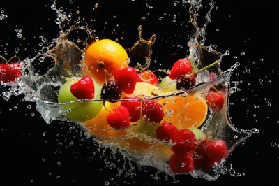 Fresh Fruits Splashing Into Water Against Black Background