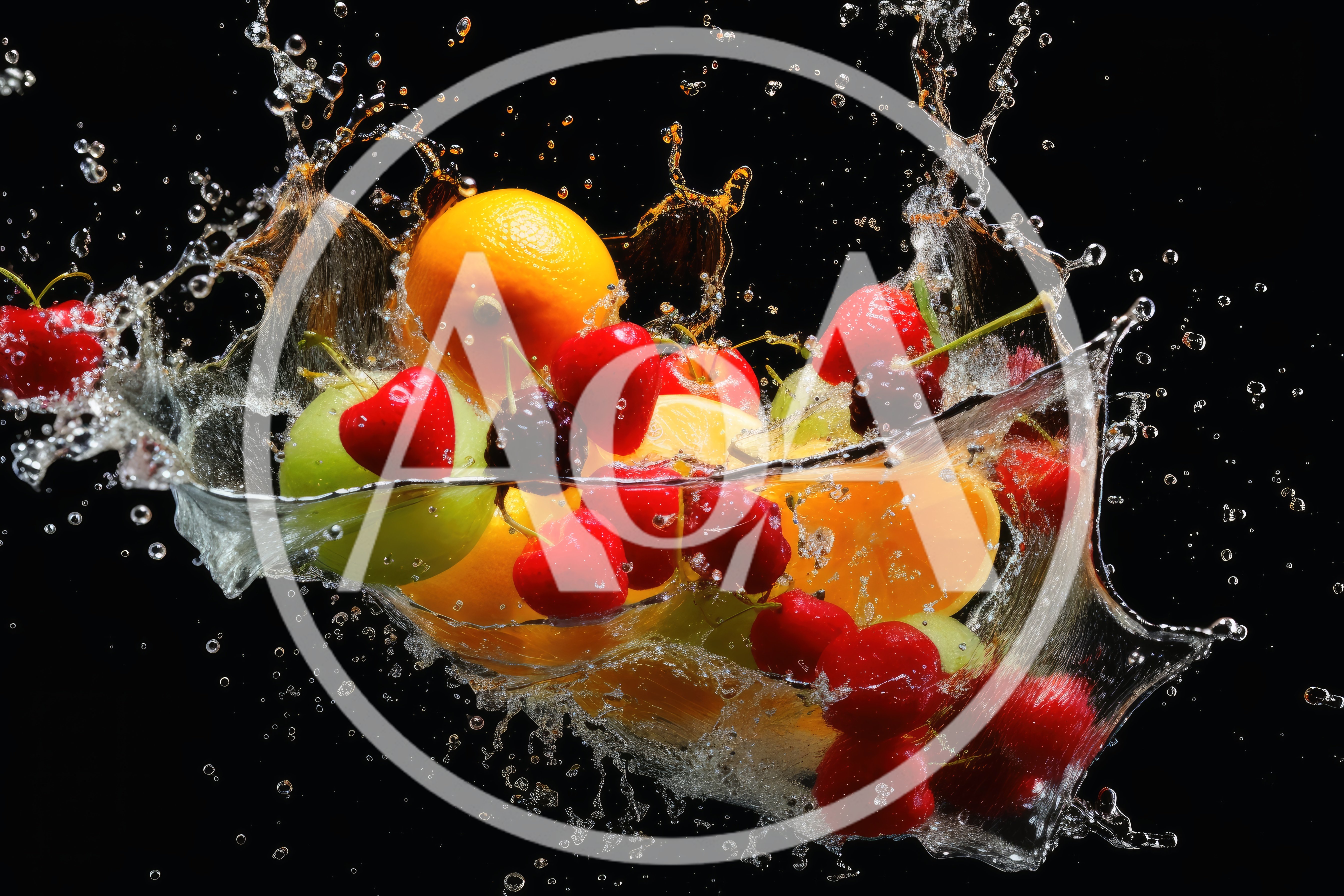 Fresh Fruits Splashing Into Water Against Black Background
