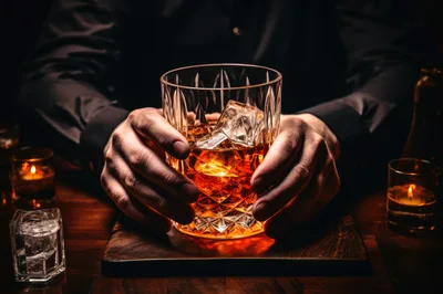 Man Holding A Crystal Glass Of Whiskey With Ice