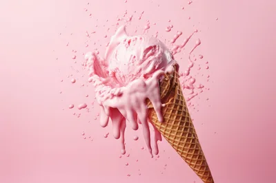 Melting Strawberry Ice Cream Scoop In Waffle Cone