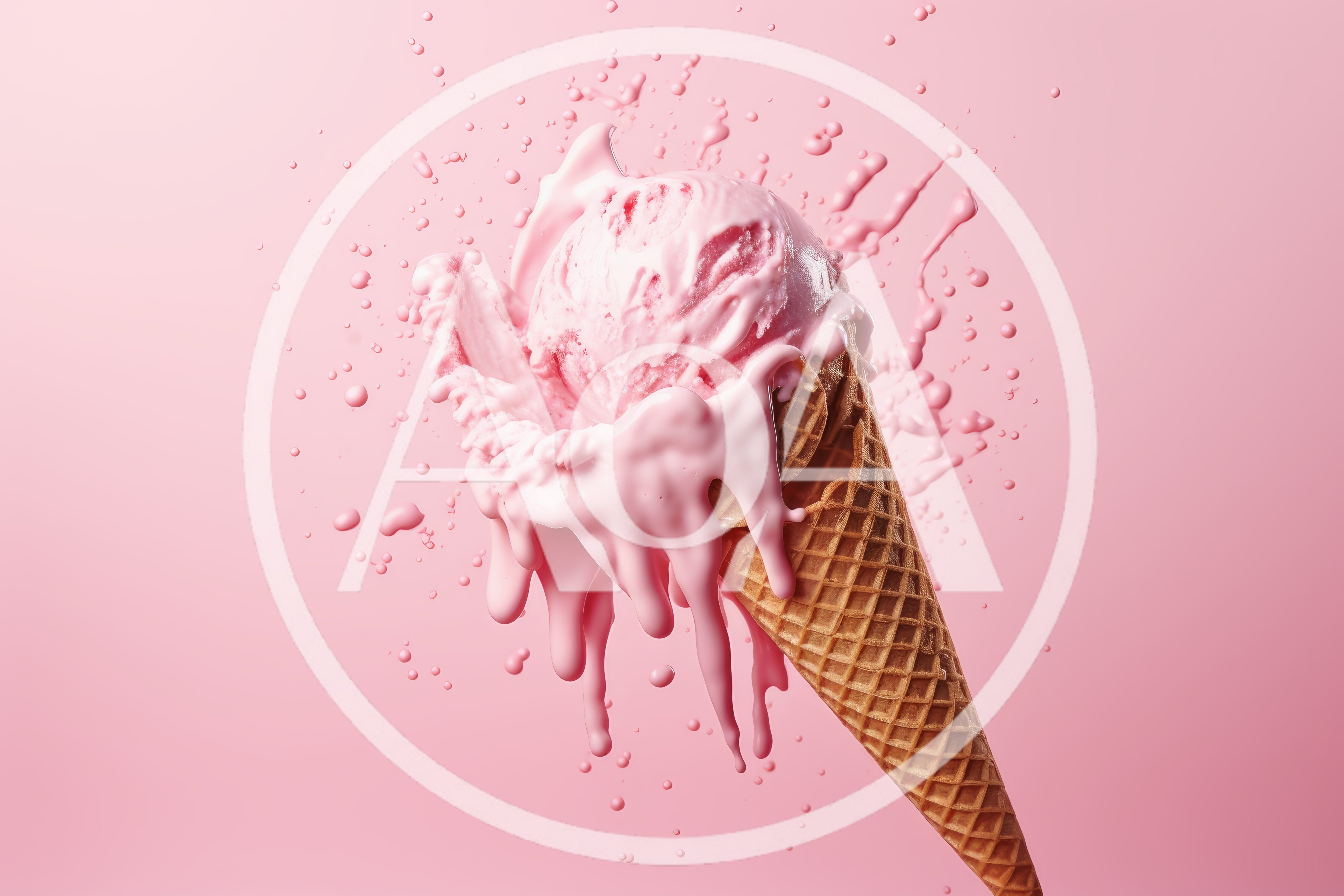 Melting Strawberry Ice Cream Scoop In Waffle Cone