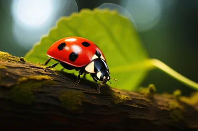 Macro Shot Of A Ladybug On A Mossy Branch