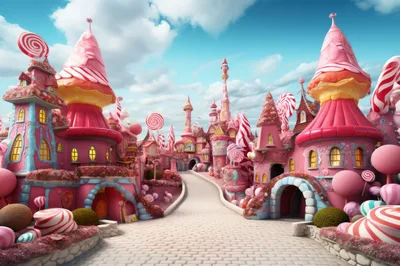 Whimsical Candy Land Village With Pink Sugar Architecture
