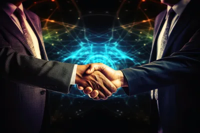 Business Professionals Shaking Hands Over Digital Network Background
