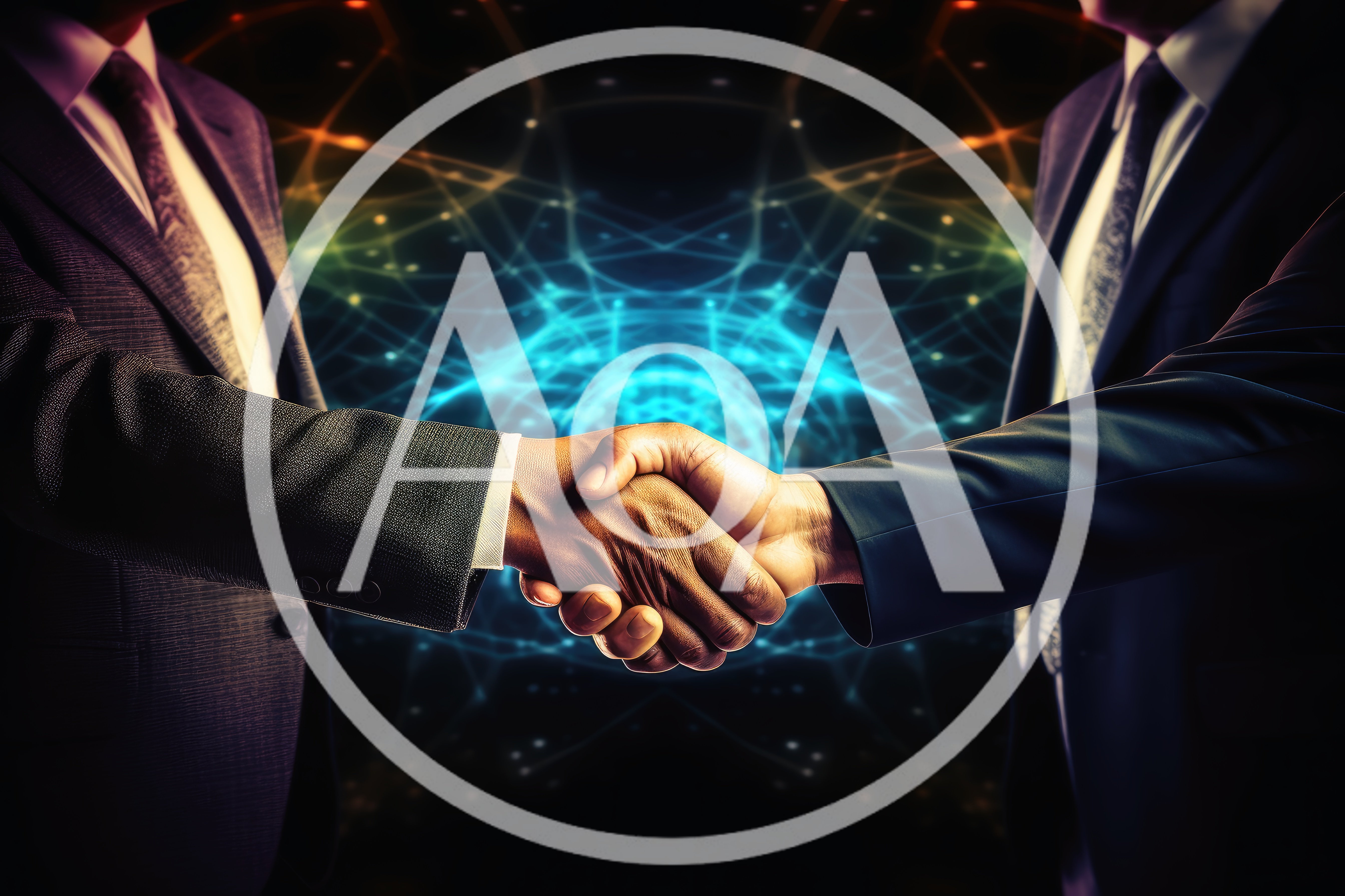Business Professionals Shaking Hands Over Digital Network Background