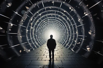 Silhouette Of A Person Walking Through A Futuristic Tunnel