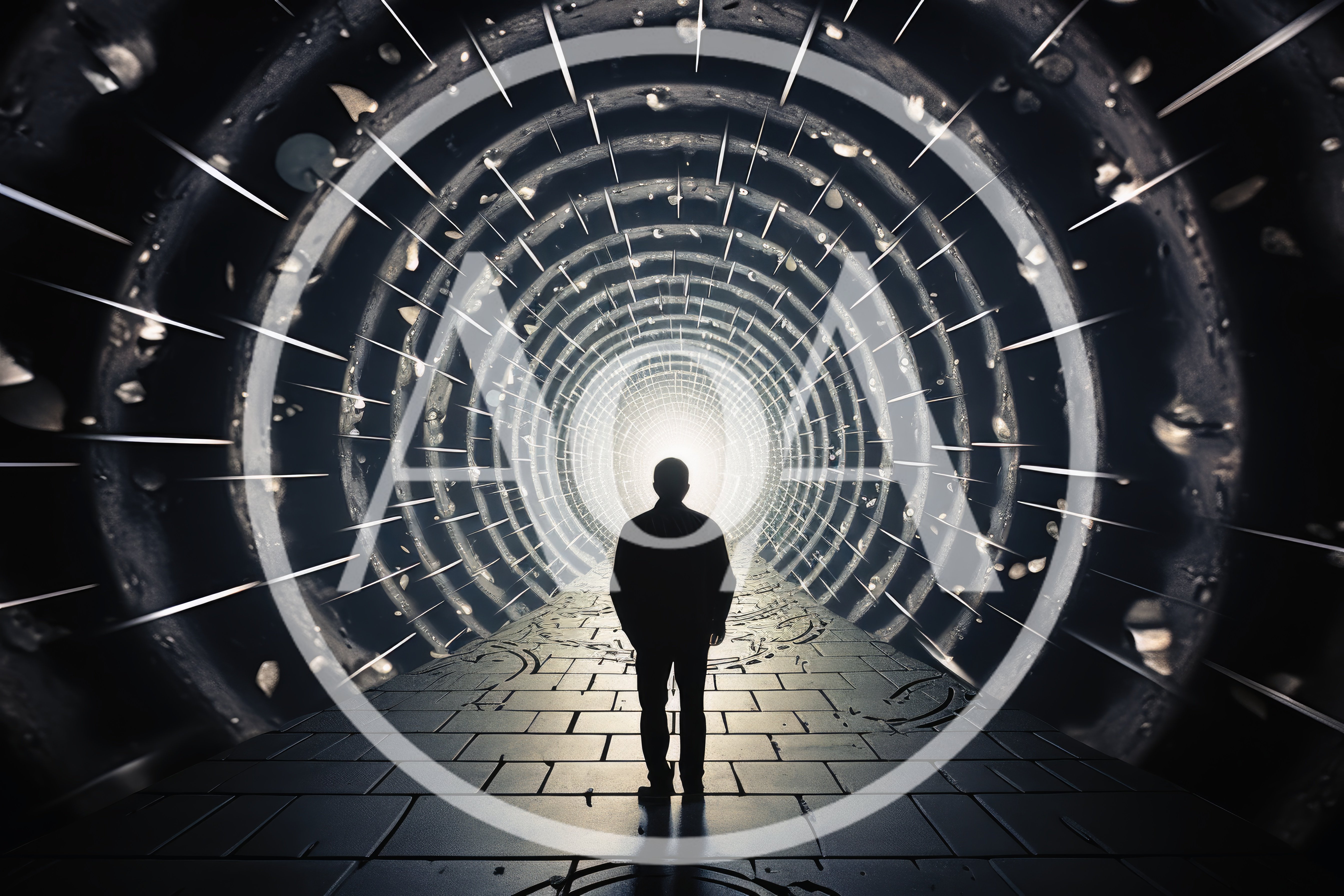 Silhouette Of A Person Walking Through A Futuristic Tunnel