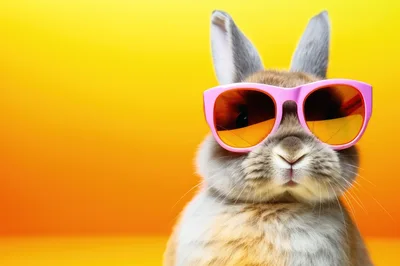 Cute Rabbit Wearing Pink Sunglasses Against Yellow Background
