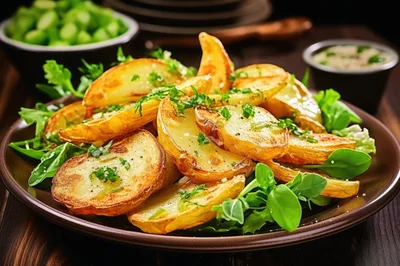 Roasted Potato Wedges With Fresh Herbs On A Plate