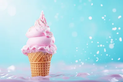 Pink Soft Serve Ice Cream Cone on Blue Background