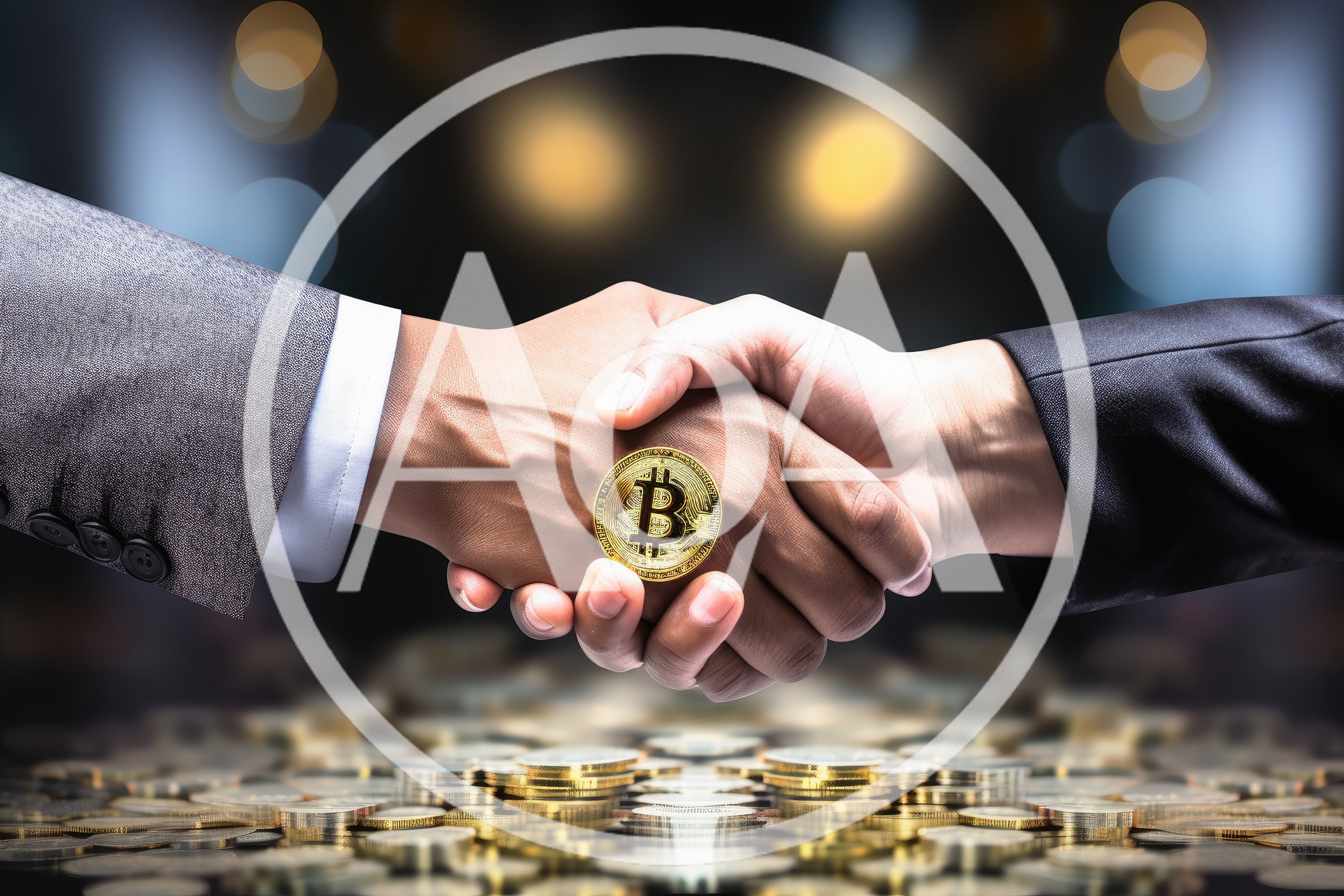 Business Handshake Holding A Golden Bitcoin Coin