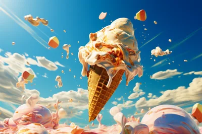 Surreal Melting Ice Cream Cone Floating In Sky