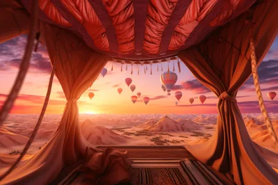 Hot Air Balloons Over Desert Landscape At Sunset