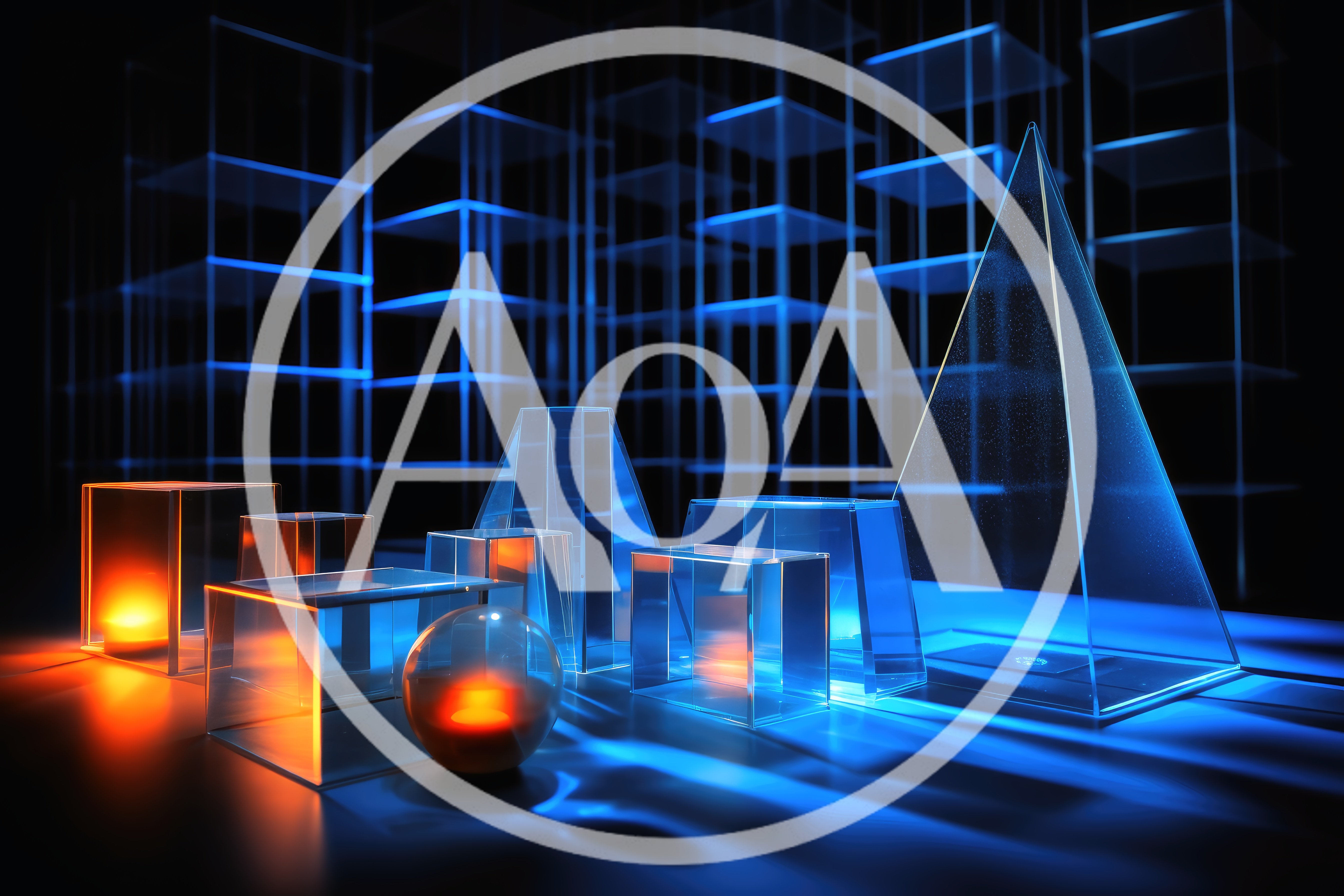 Abstract Geometric Glass Shapes With Glowing Neon Lights