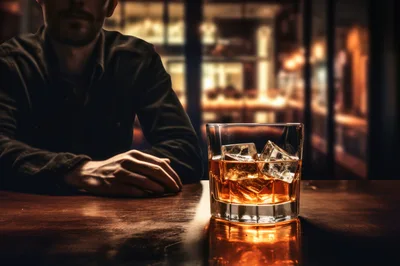 Man Sitting At Bar With Whiskey Glass
