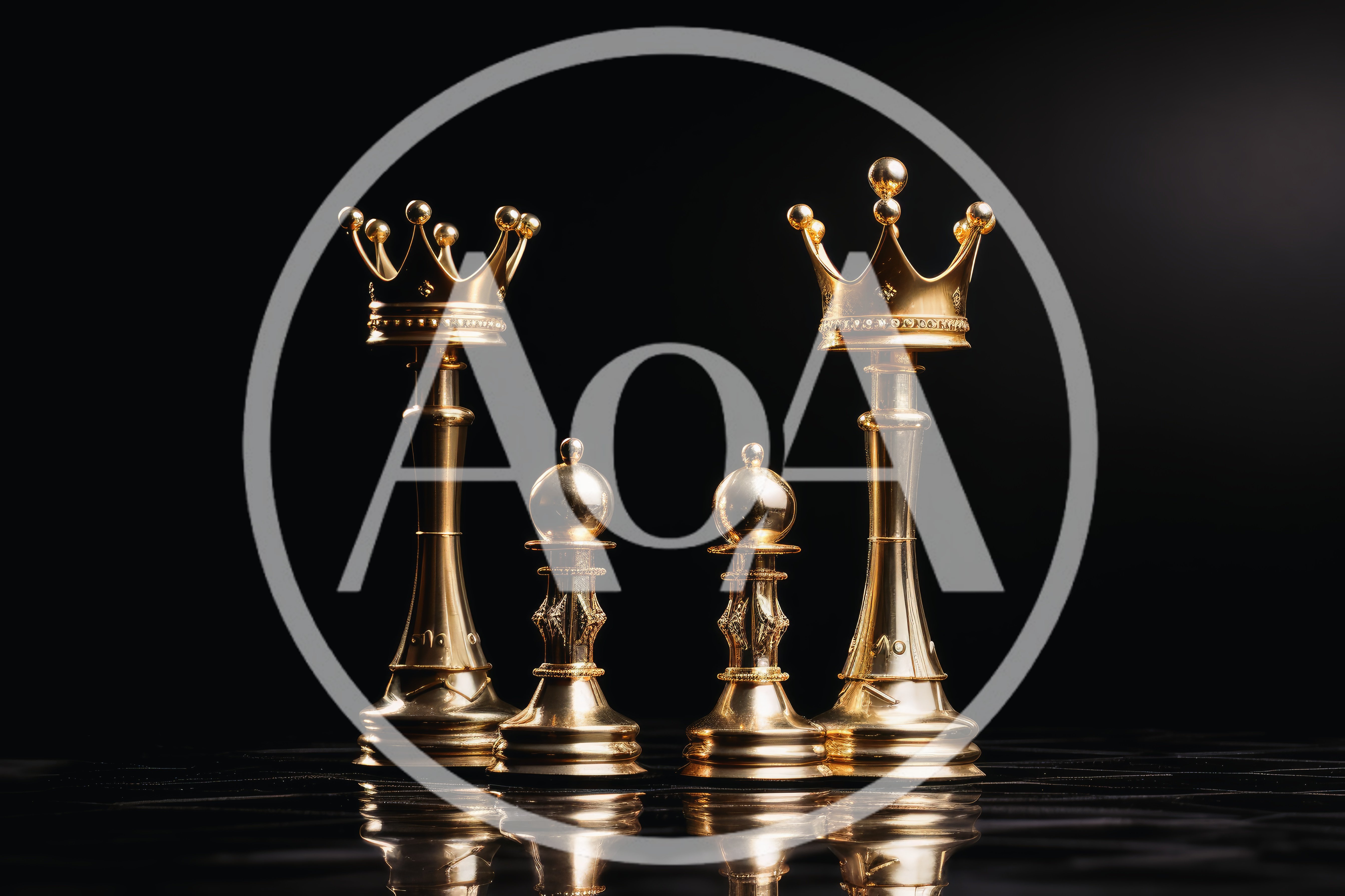 Golden Chess Pieces With Crowns On Reflective Surface