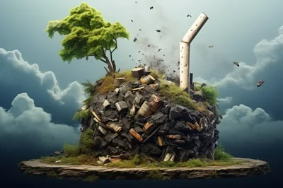 Surreal Floating Island With Tree And Smoking Cigarette Butt