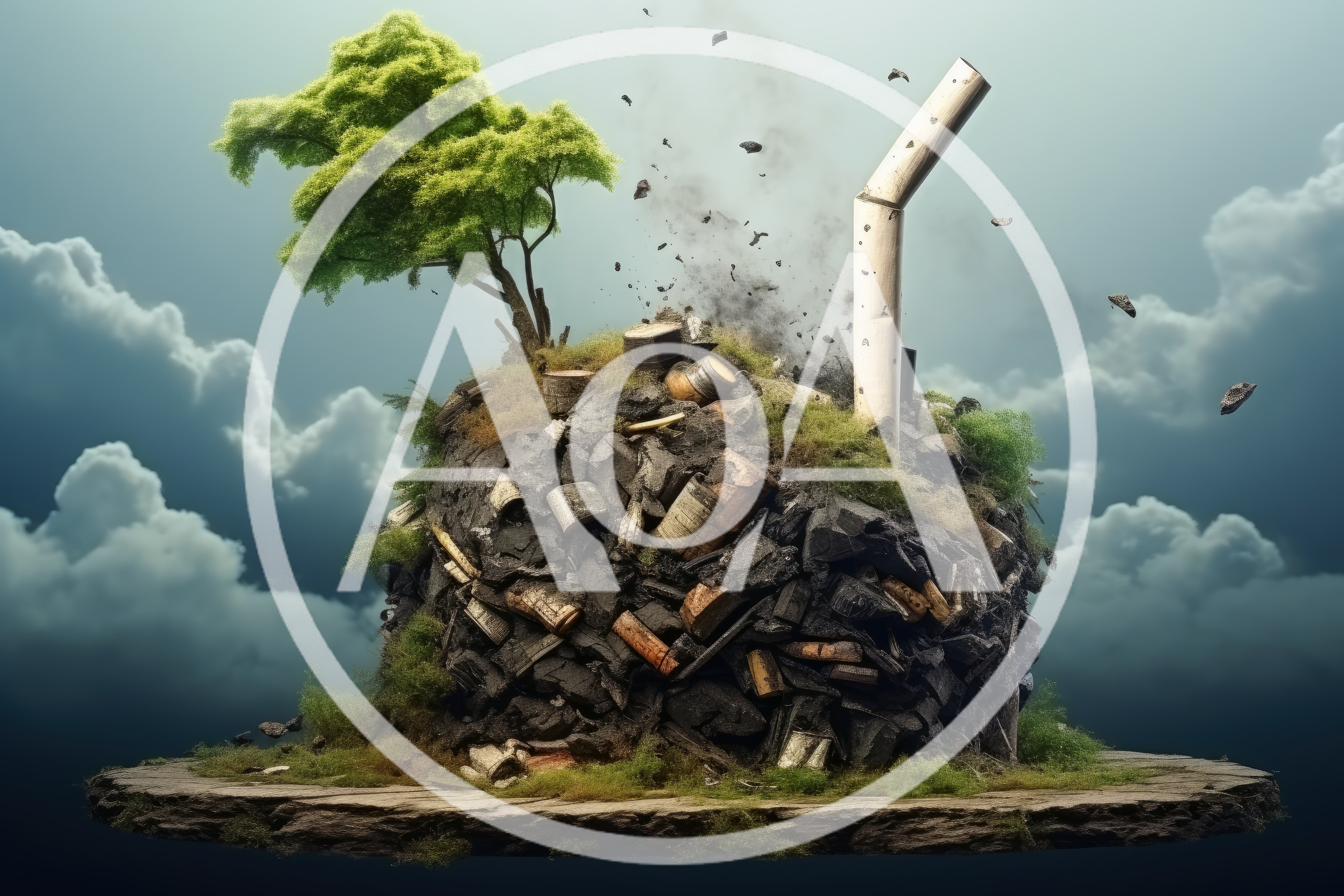 Surreal Floating Island With Tree And Smoking Cigarette Butt