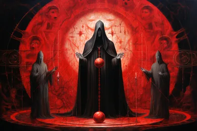 Dark Occult Ritual With Hooded Figures And Red Orb