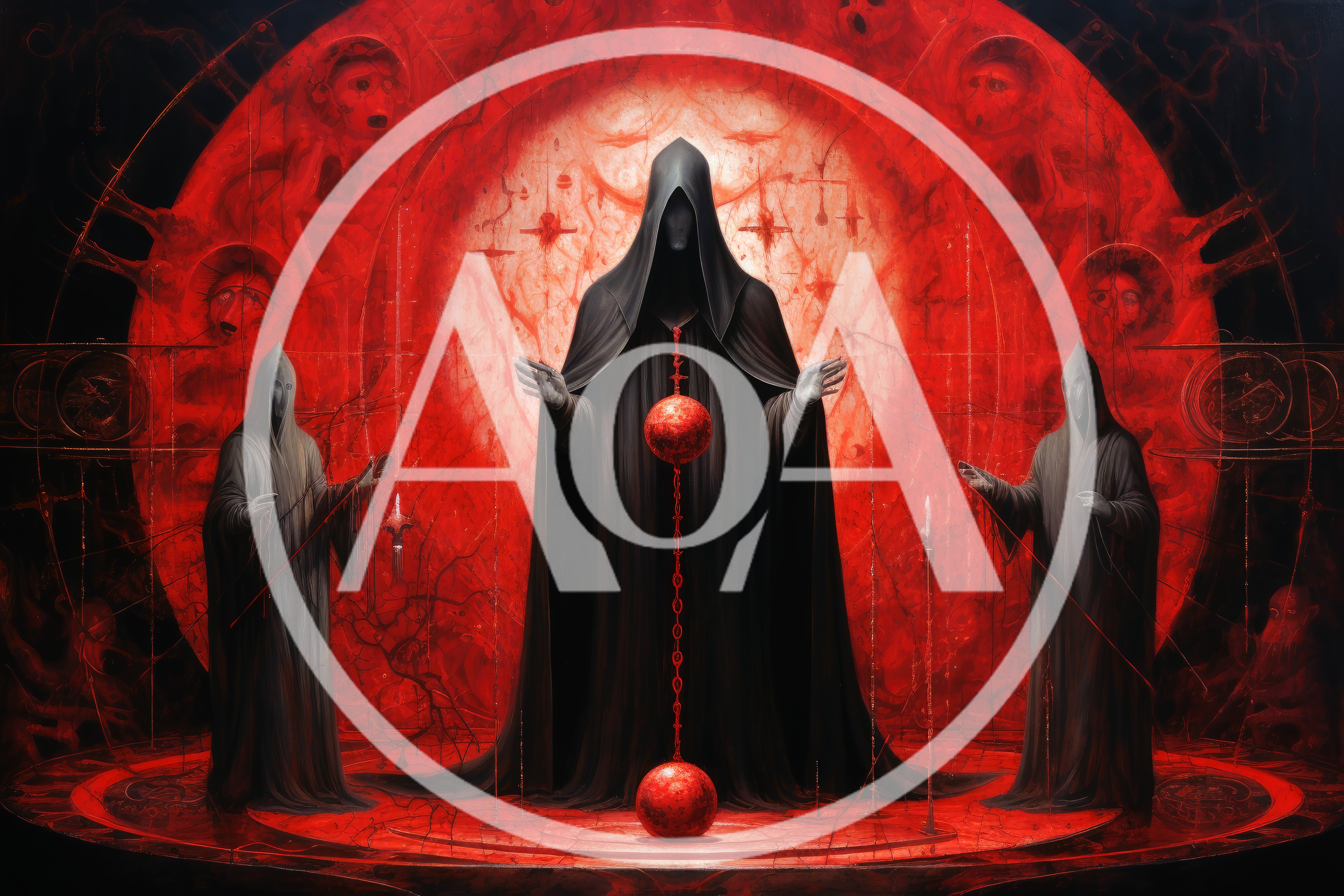 Dark Occult Ritual With Hooded Figures And Red Orb