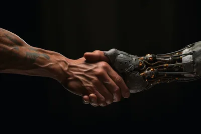Human Hand Shaking Hands With Robotic Arm