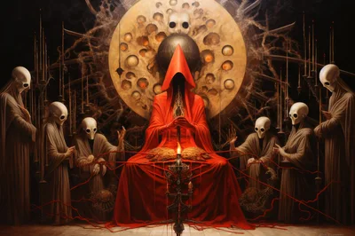Surreal Occult Ritual With Red Hooded Figure
