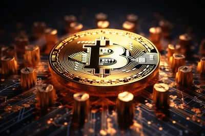 Golden Bitcoin Coin Resting On A Digital Circuit Board