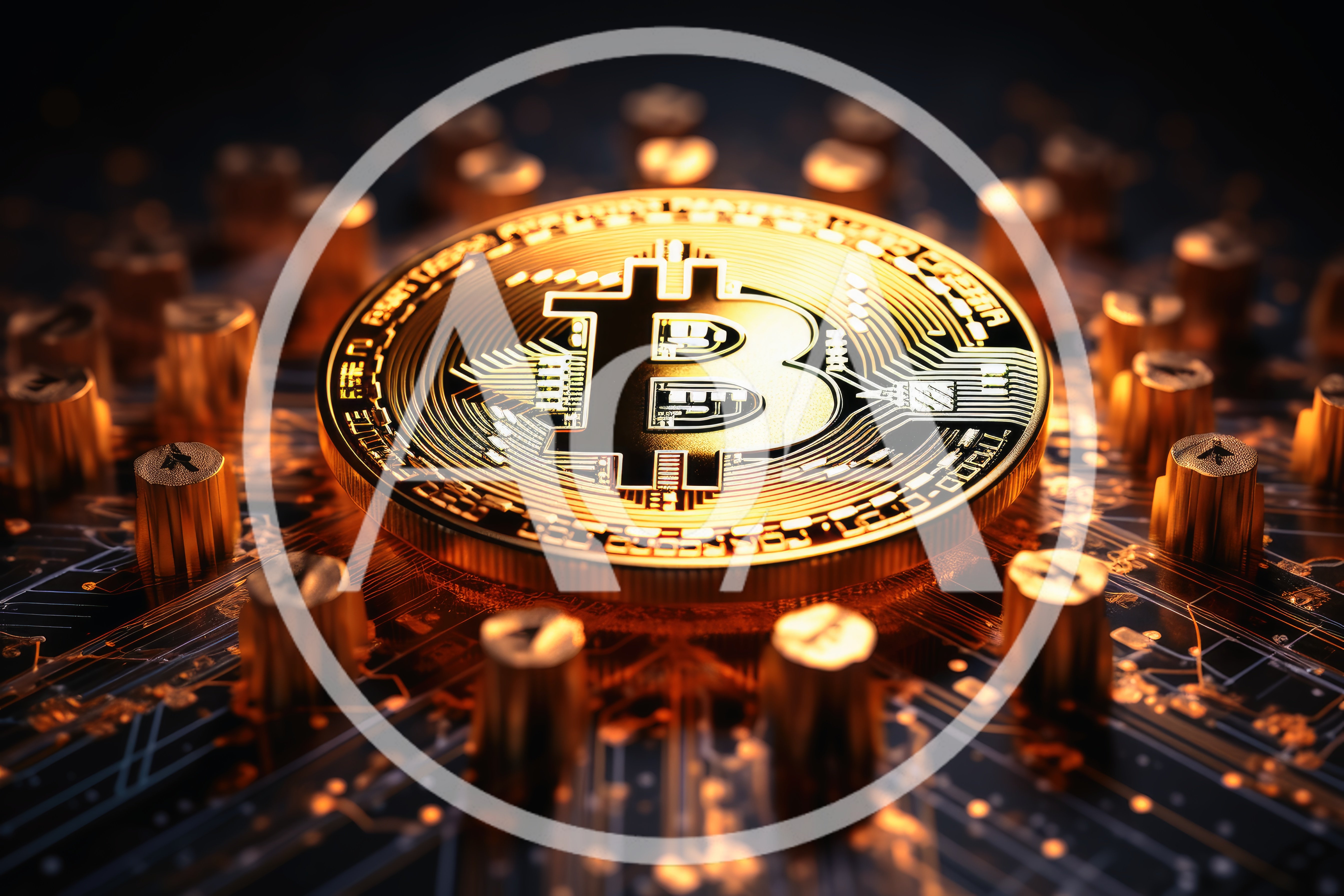 Golden Bitcoin Coin Resting On A Digital Circuit Board