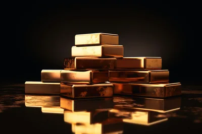 Stack Of Polished Gold Bars On Reflective Surface