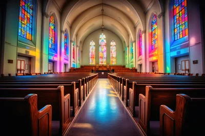 Empty Church Interior With Vibrant Stained Glass Windows