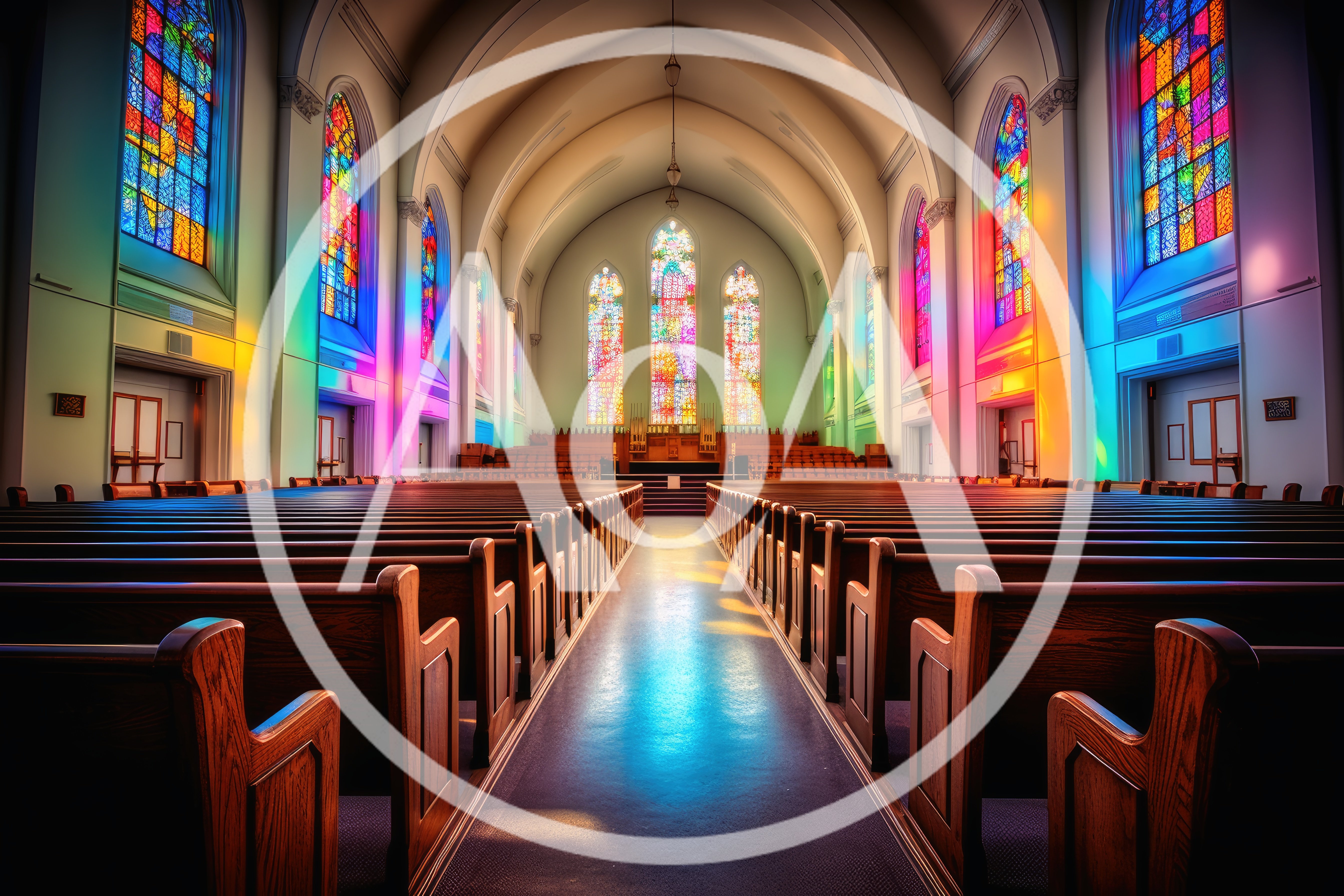 Empty Church Interior With Vibrant Stained Glass Windows