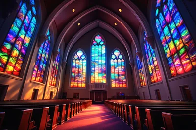 Empty Church Interior With Vibrant Stained Glass Windows
