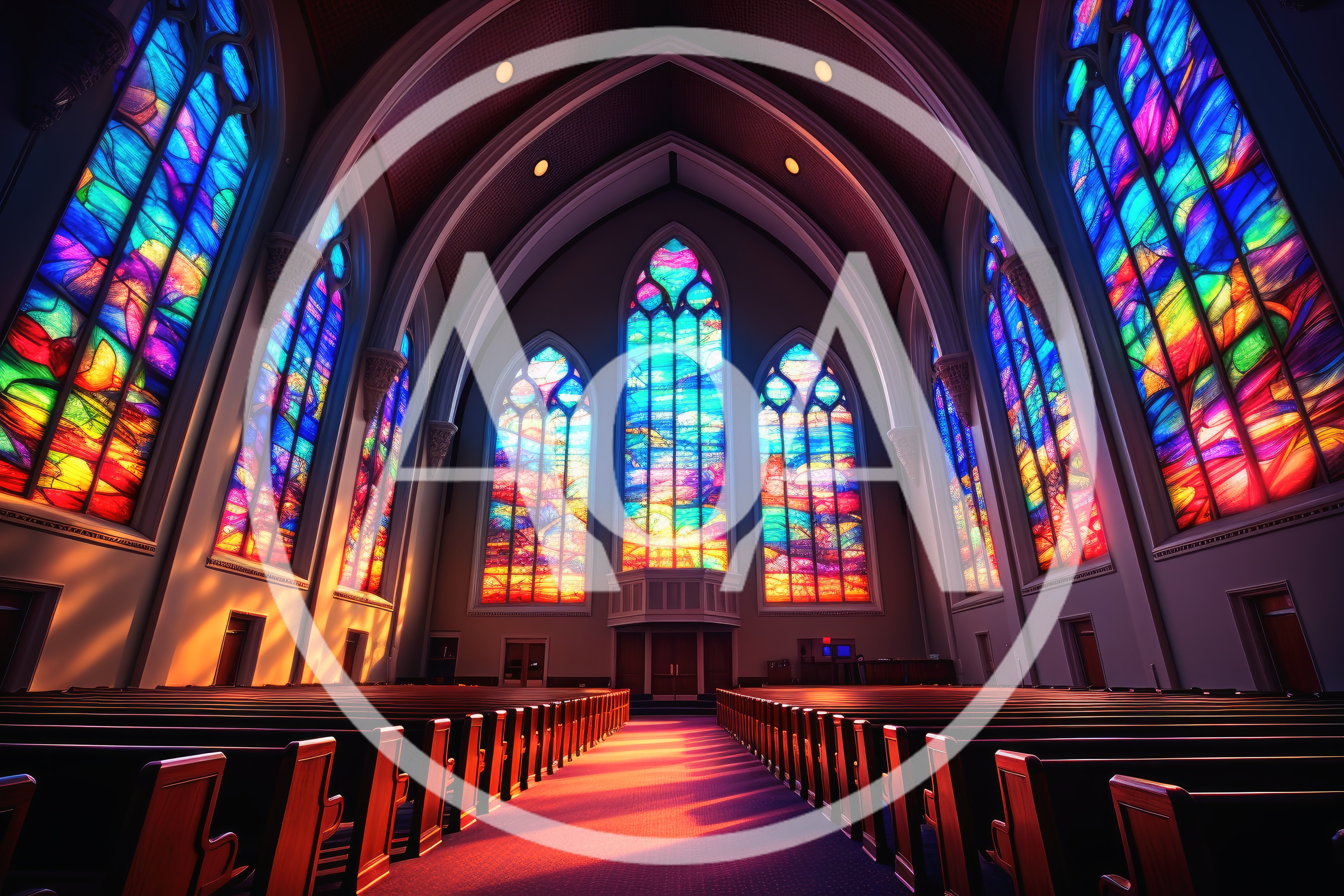 Empty Church Interior With Vibrant Stained Glass Windows