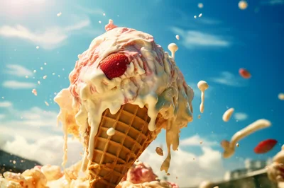 Melting Strawberry Ice Cream Cone Against Blue Sky