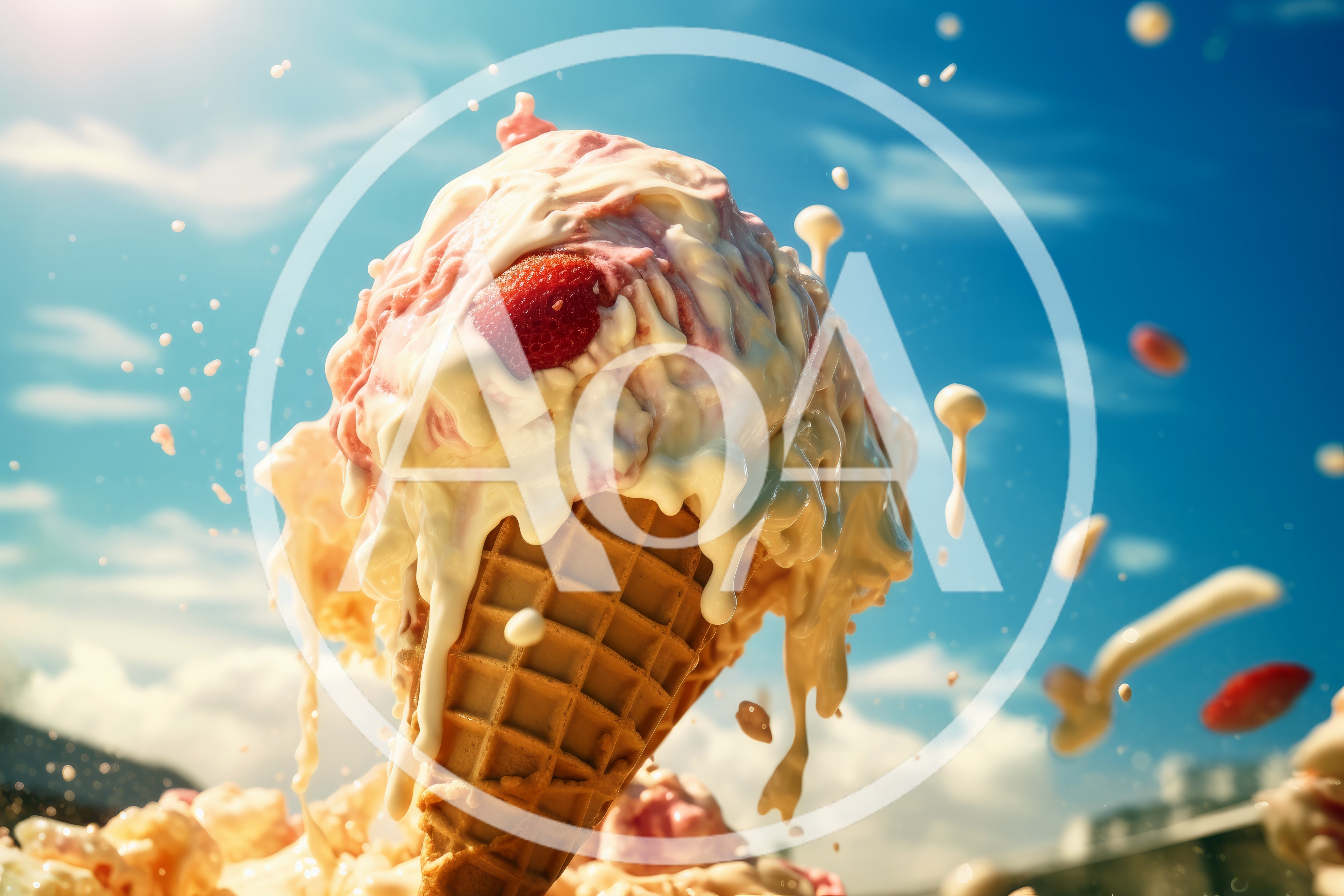 Melting Strawberry Ice Cream Cone Against Blue Sky