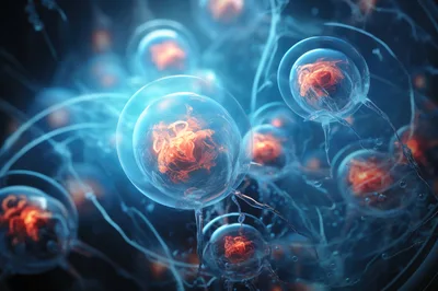 Microscopic View Of Glowing Biological Cells