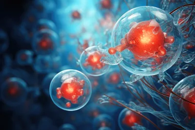 Microscopic View Of Red Cancer Cells In Human Body