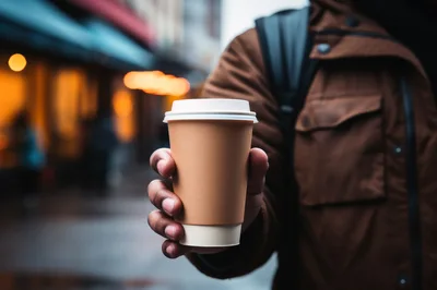 Person Holding A Disposable Coffee Cup On City Street