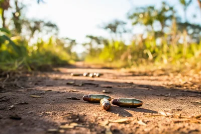 Pistol Cartridges Scattered on a Dirt Path