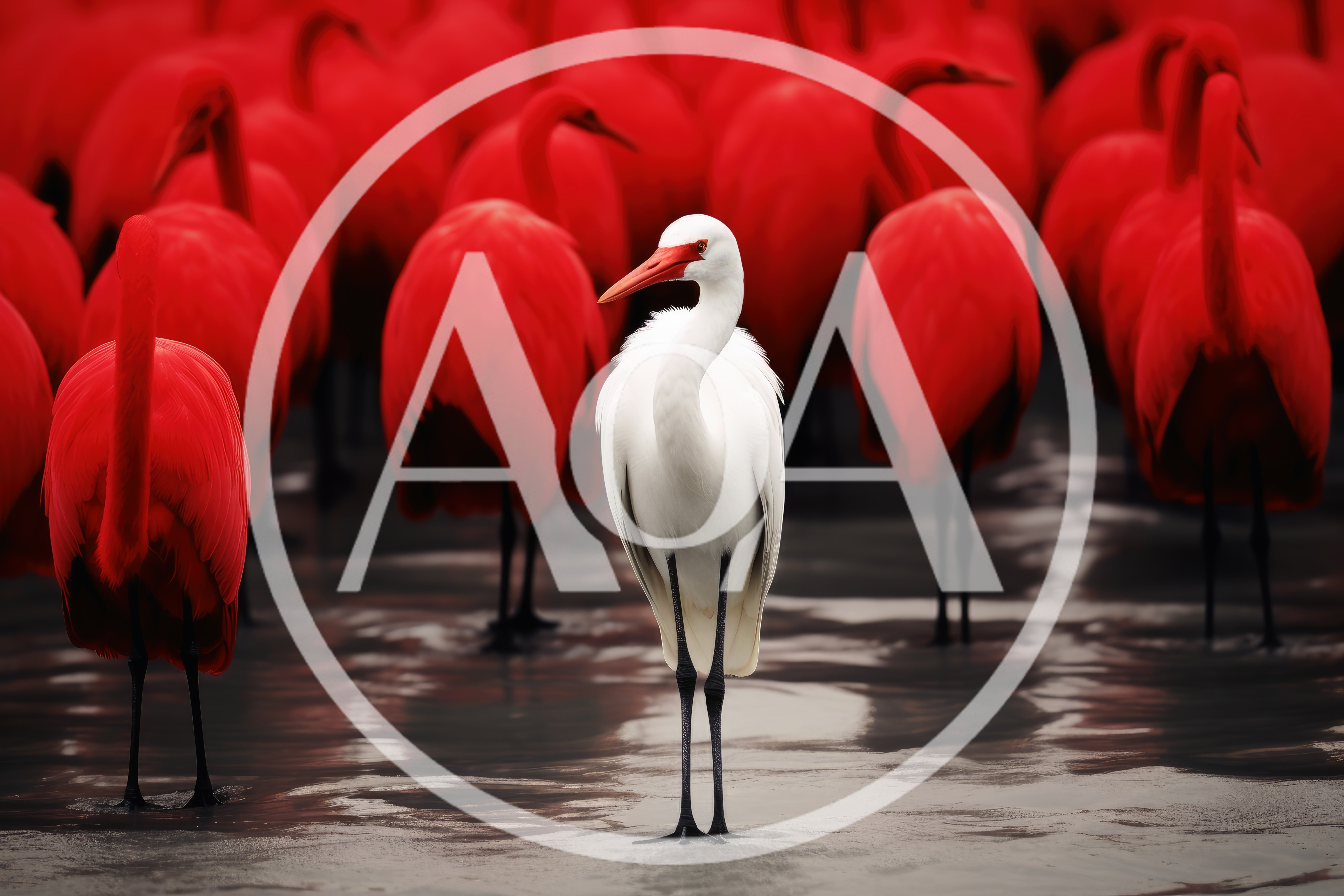 White Egret Standing Among A Flock Of Scarlet Ibises