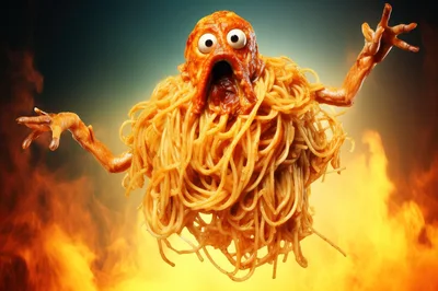 Surreal Spaghetti Monster Character Floating Amidst Intense Flames