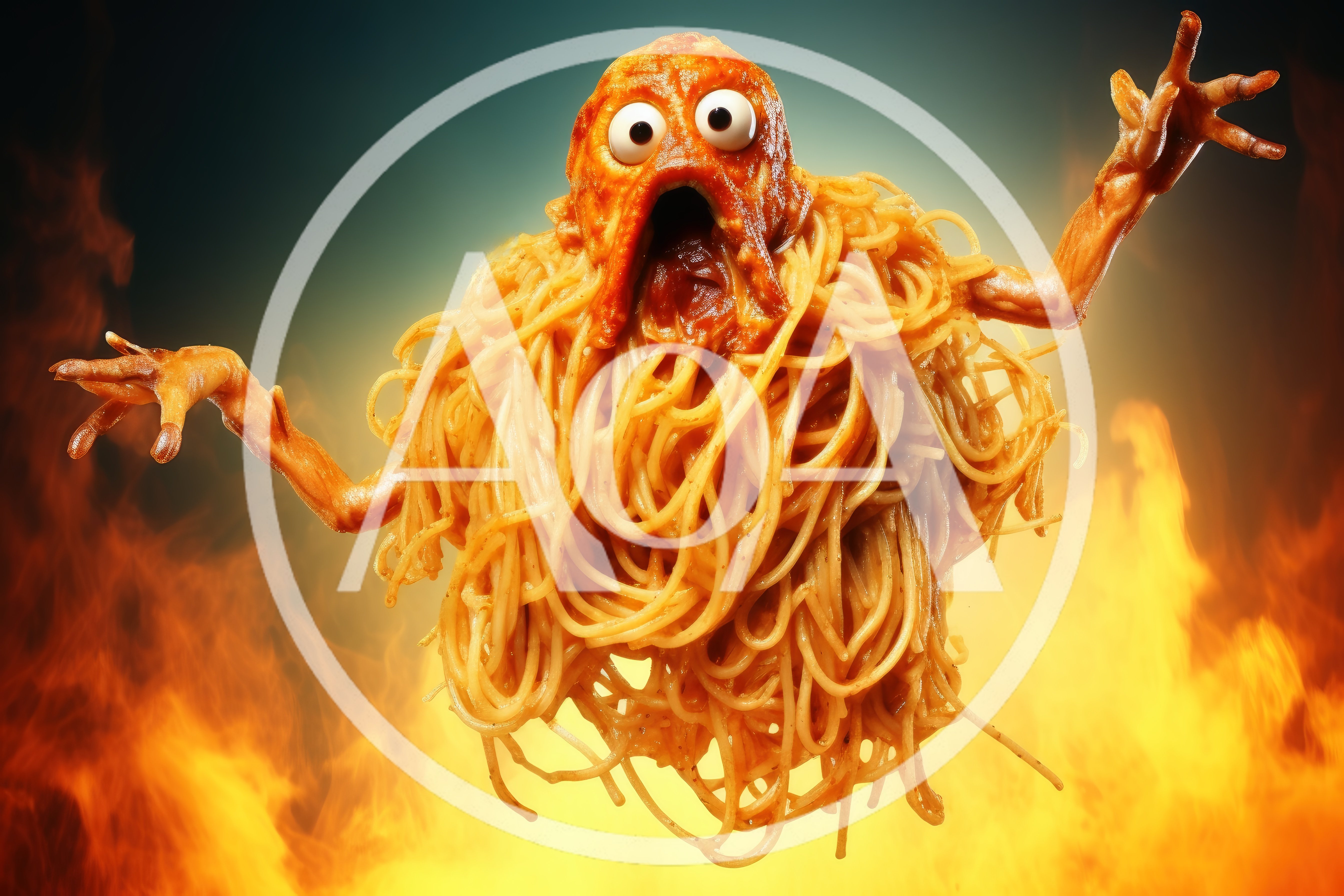 Surreal Spaghetti Monster Character Floating Amidst Intense Flames