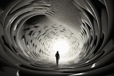 Silhouette Of A Person Walking Through A Futuristic Tunnel