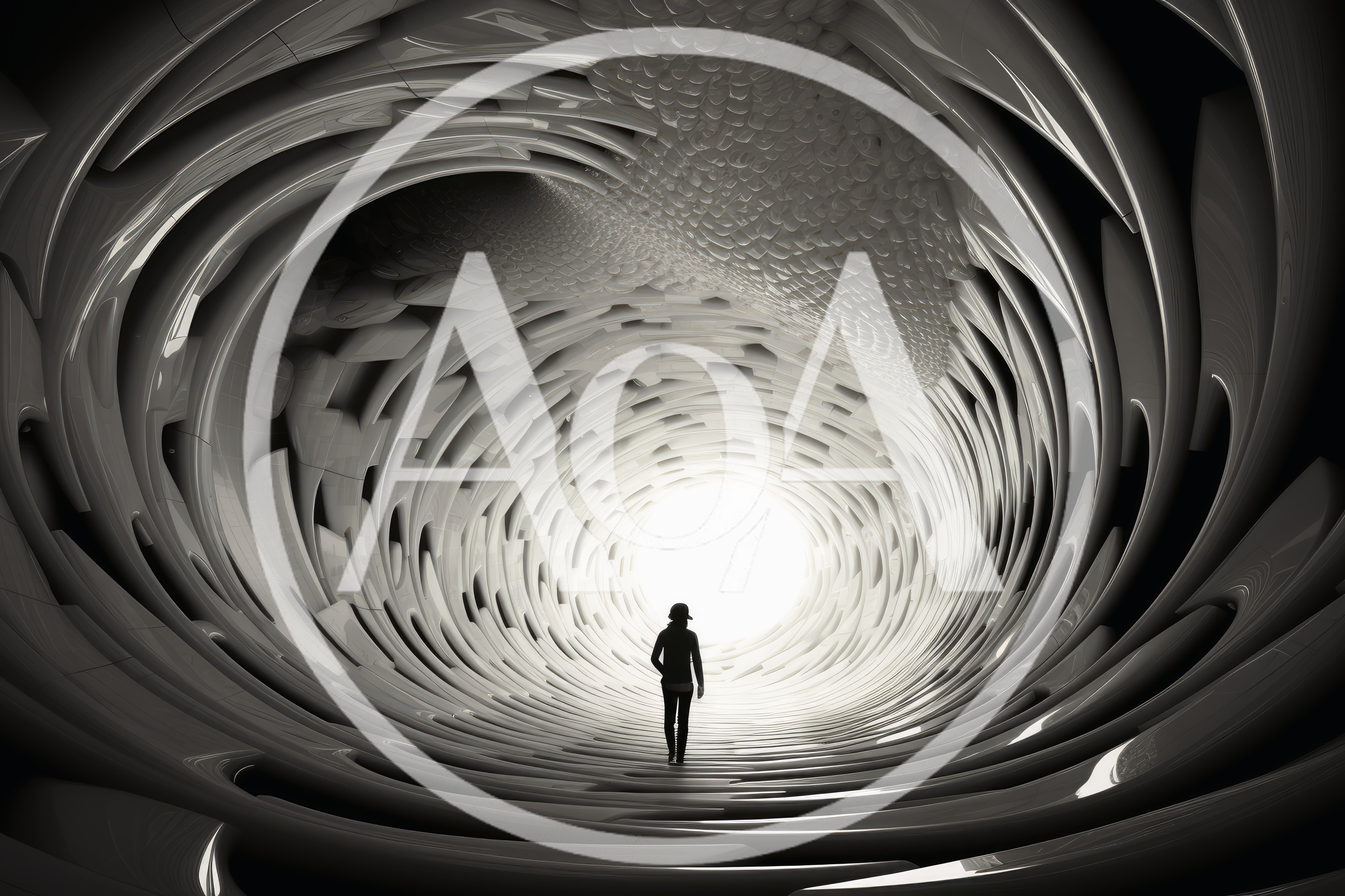 Silhouette Of A Person Walking Through A Futuristic Tunnel