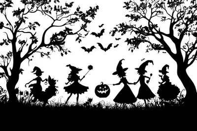Silhouette Illustration Of Witches Celebrating Halloween