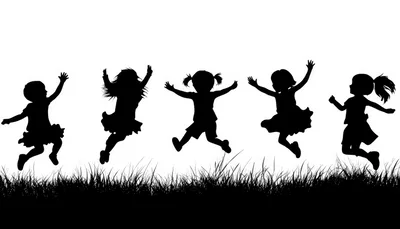Silhouettes of Happy Children Jumping in Grass