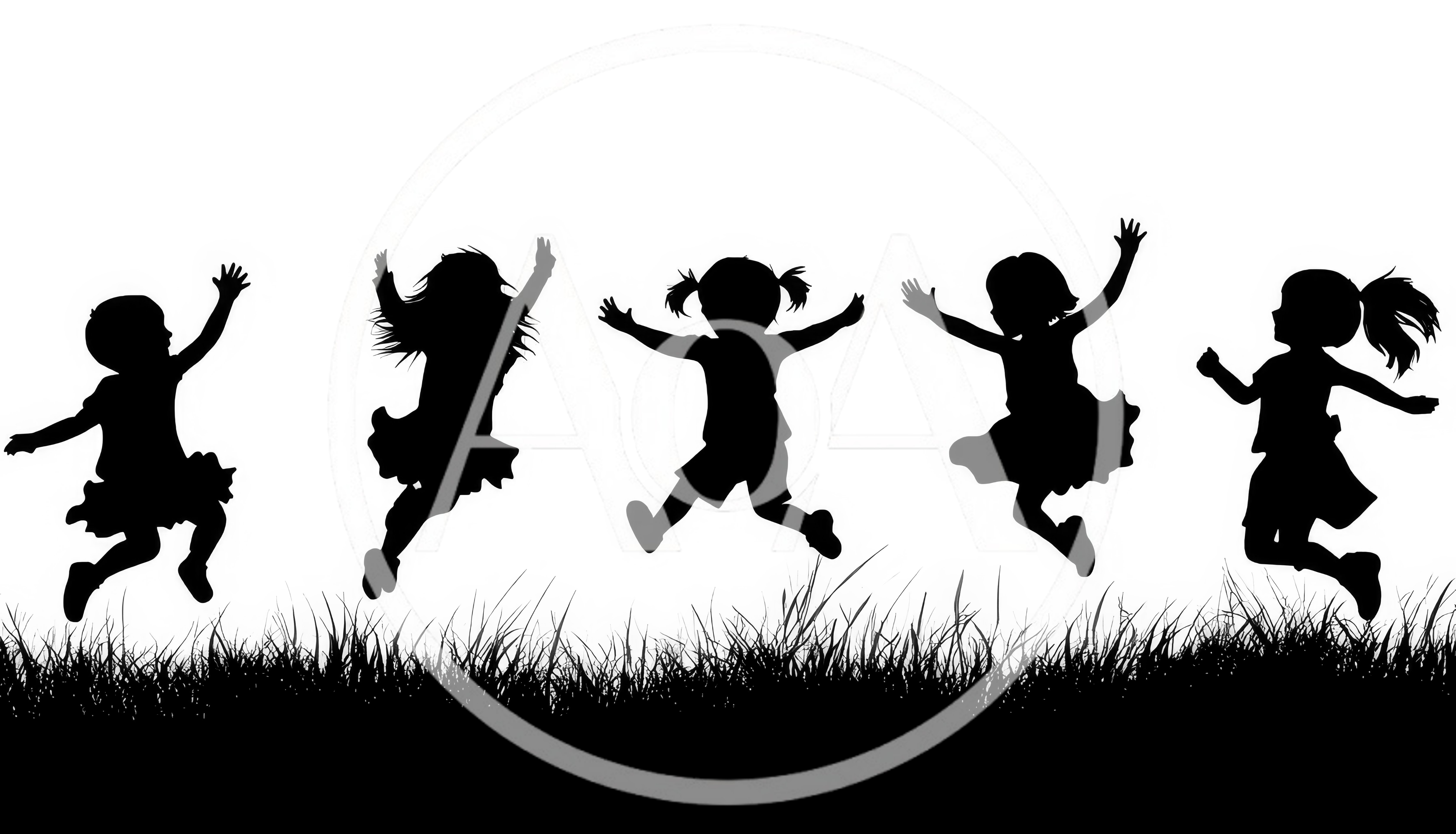 Silhouettes of Happy Children Jumping in Grass