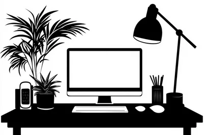 Minimalist Black And White Home Office Desk Illustration