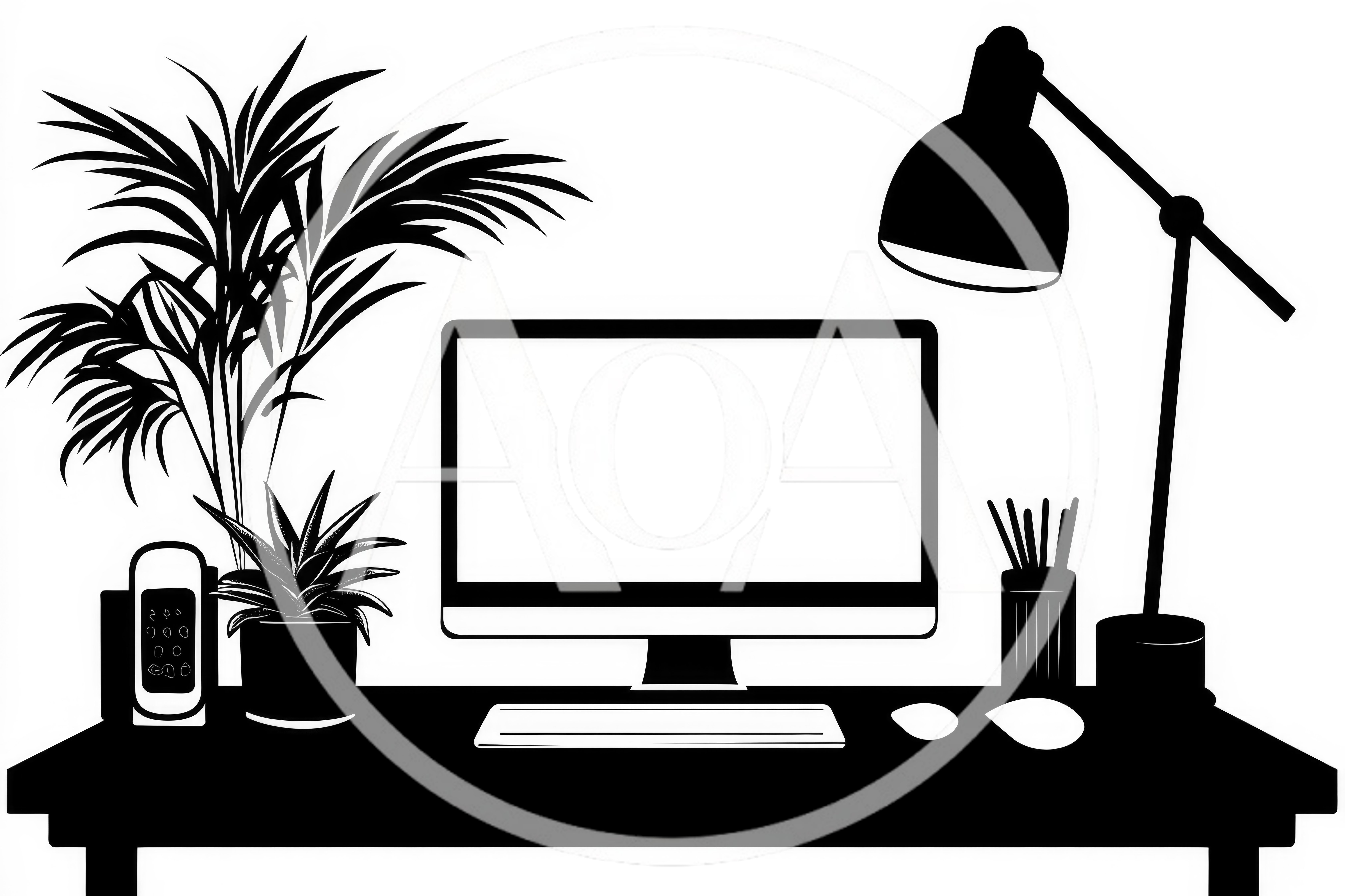 Minimalist Black And White Home Office Desk Illustration