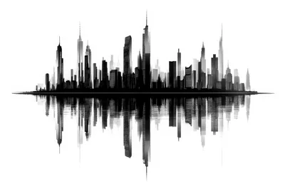 Black and White City Skyline Reflection Illustration